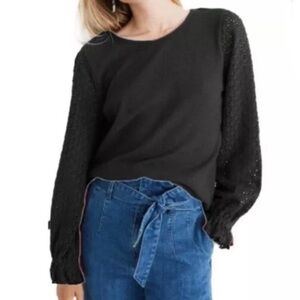 New Madewell Mixed Knit Eyelet Ruffle Sleeve Top in Black